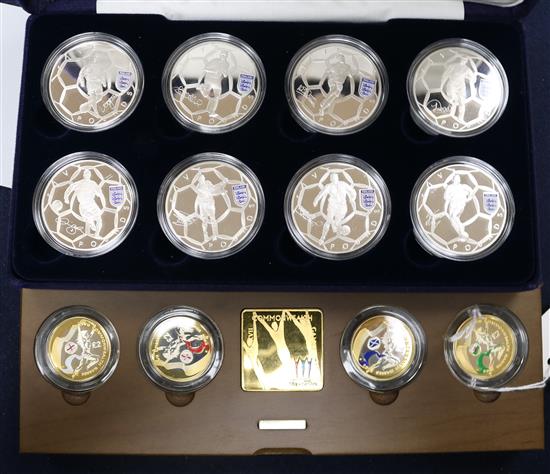 2002 Commonwealth Games £2 silver proof piedfort four coin set and Alderney £5 silver proof The England Football Team 8 coin set